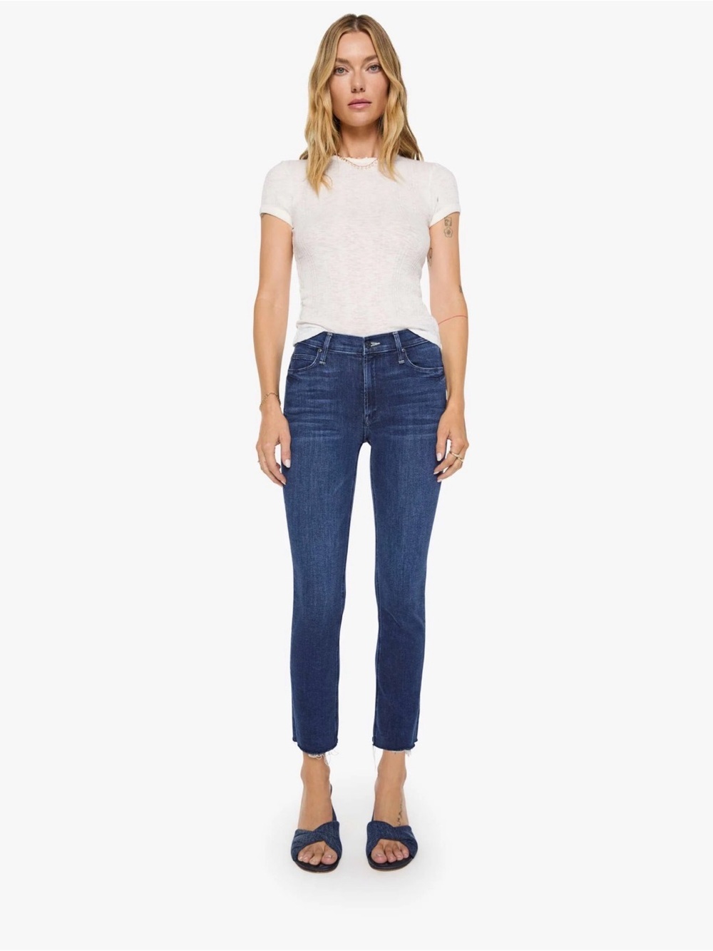 MOTHER The Mid Rise Dazzler Ankle Fray Denim Blue Size 26